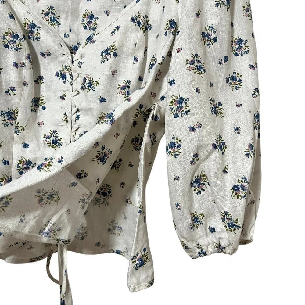 Reformation Barrett Ditsy‎ Floral Linen Lace Up Top Size 12 Puff Sleeve Cottage